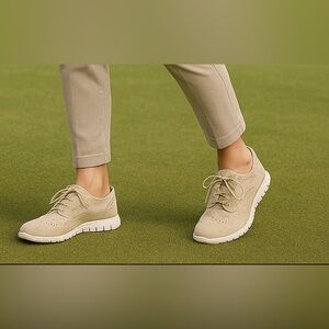 Cole Haan ZerøGrand Suede Wingtip Oxford Sneakers Beige Lightweight Comfort Sz 7